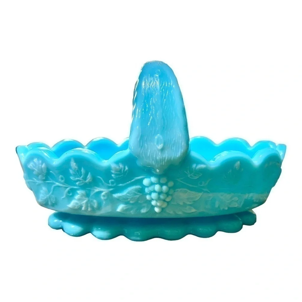 VINTAGE, WESTMORLAND, SATIN BLUE CUSTARD BASKET WITH SPLIT HANDLE.